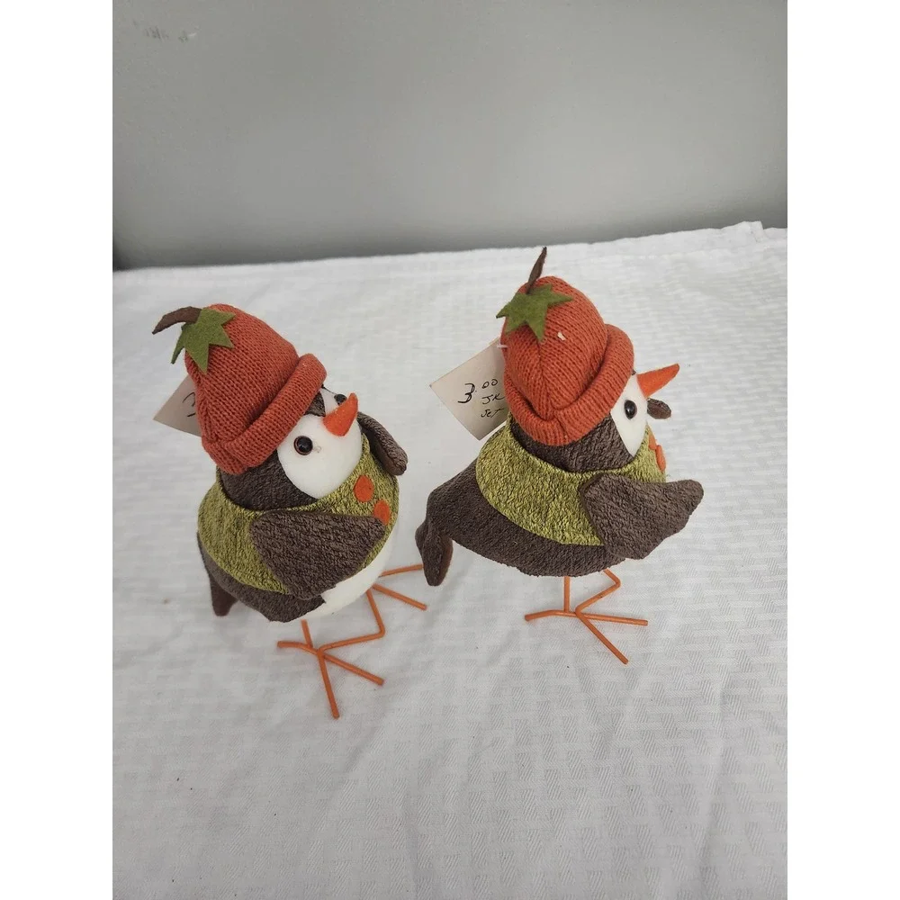 Set of 2 Target Wondershop Fall Harvest Fabric Bird Figurines Orange Knit Hat